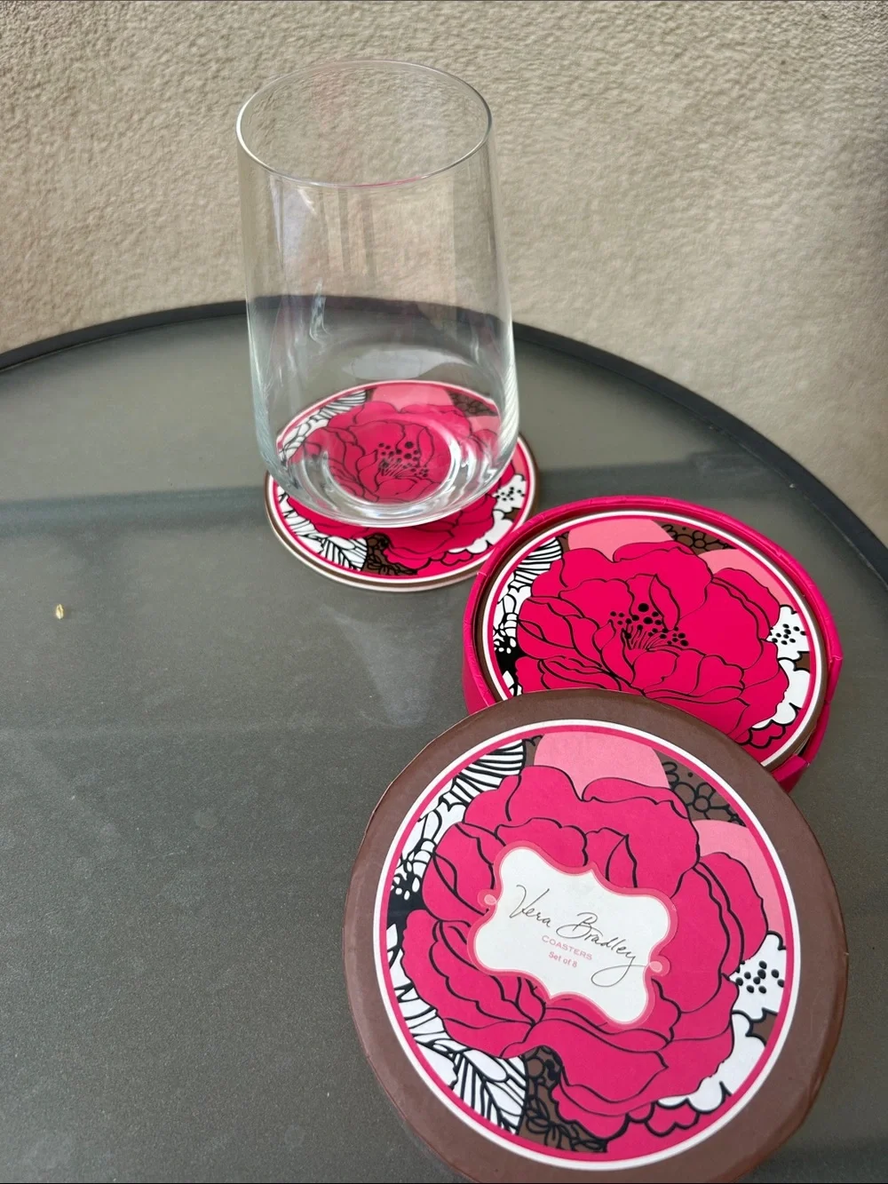 Vera Bradley Bold Pink Floral Coaster Set in Mocha Rouge